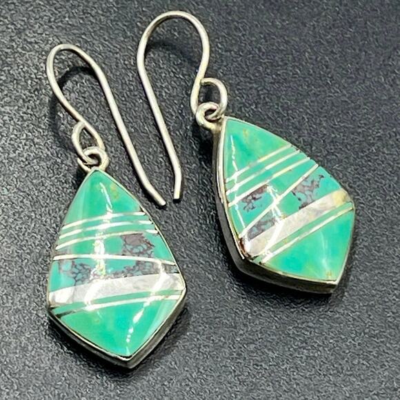 E Webster Vintage Sterling Silver Turquoise Inlay Dangle Earrings USA Signed - Picture 1 of 10
